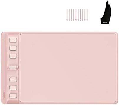 Small pink digital art tablet with artist glove